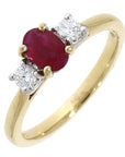 18ct Yellow Gold 3 Stone Oval Ruby & Diamond Ring