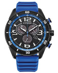 Mens Blue Sport Chronograph Citizen Eco Drive Watch on Rubber Strap