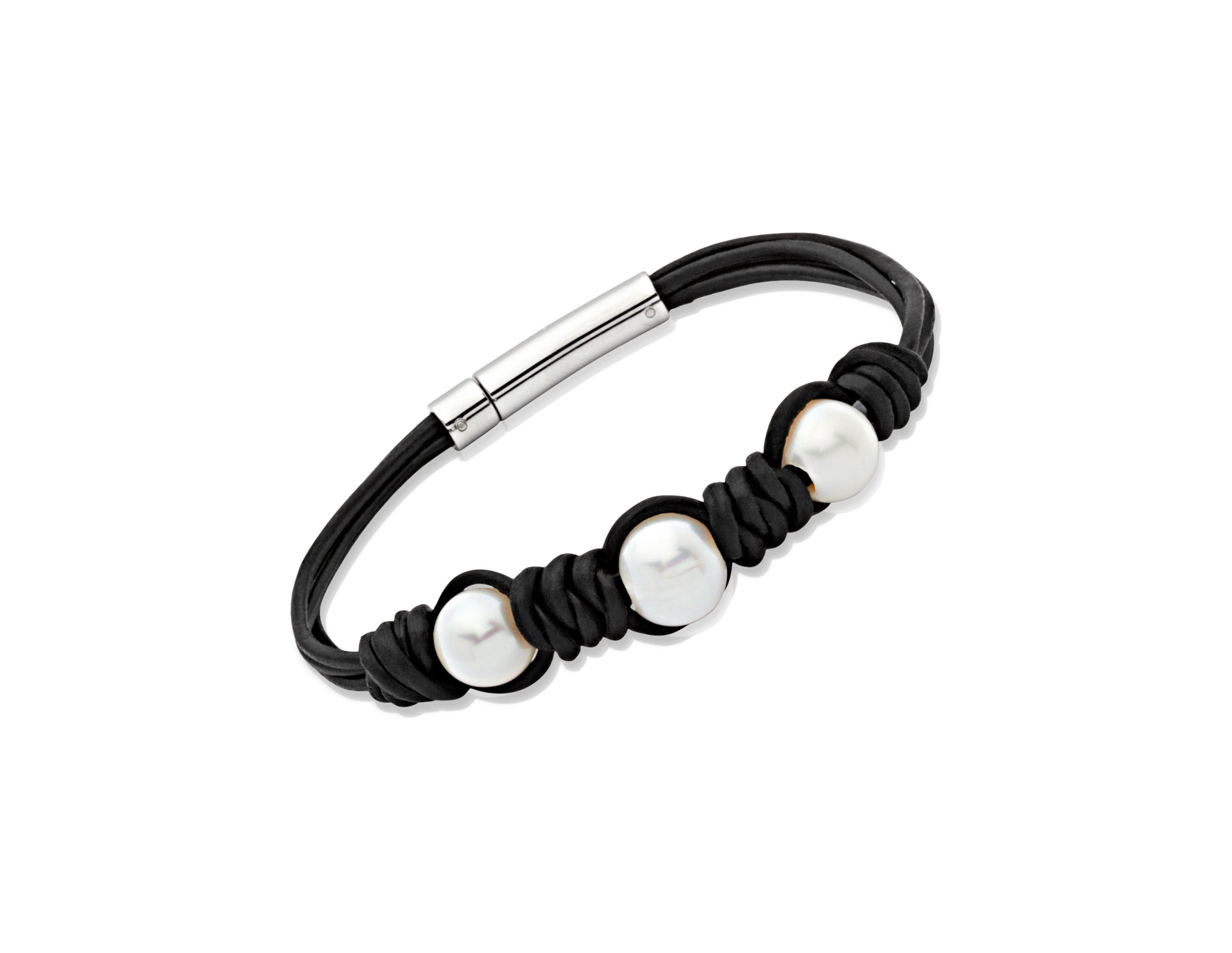 Ladies Unique &amp; Co Black Leather Pearl Bracelet