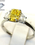 Platinum 1.35ct Lab Grown Vivid Yellow Radiant Cut 3 Stone Diamond Ring