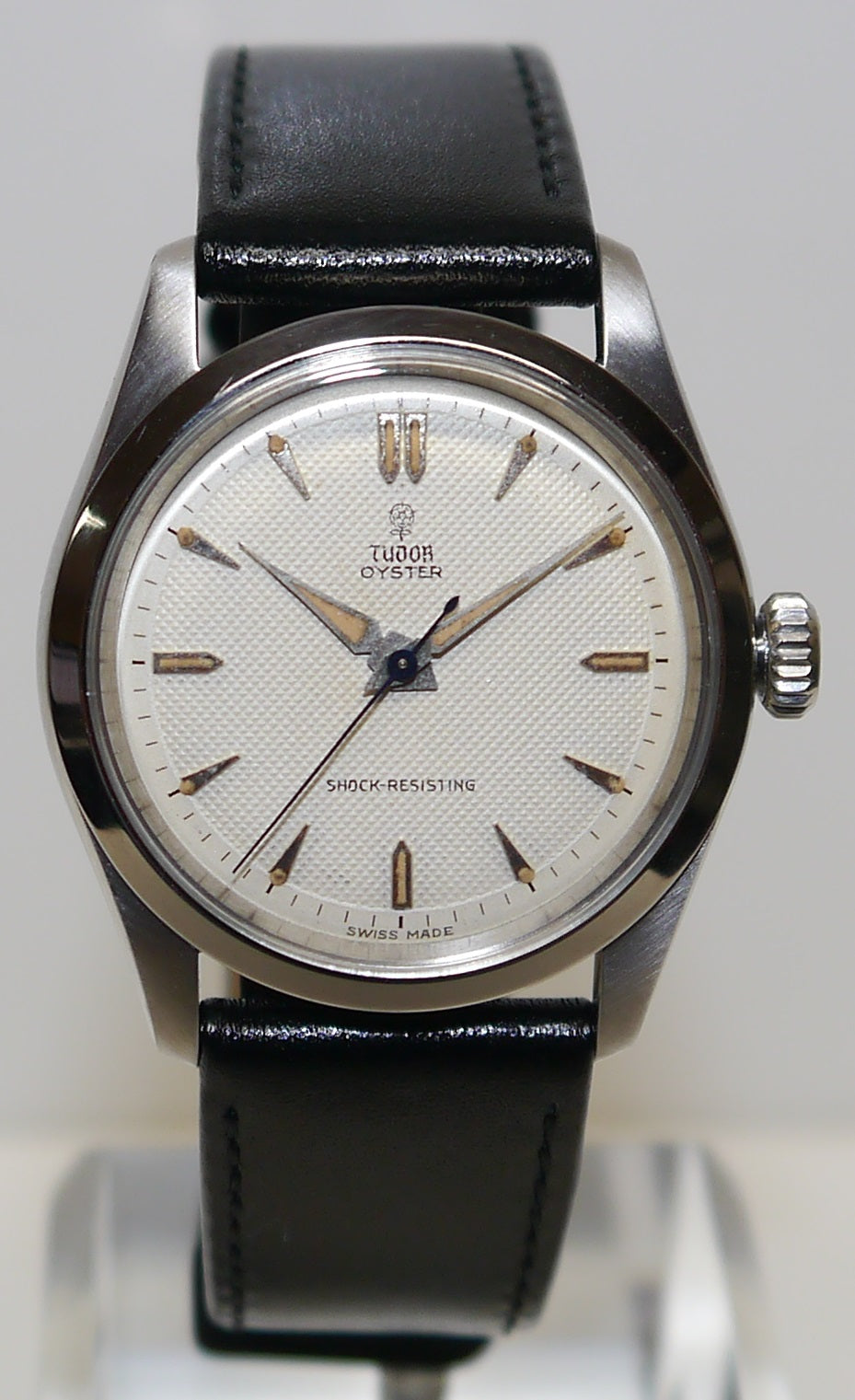 Mens Steel Tudor Oyster Watch on Black Leather Strap