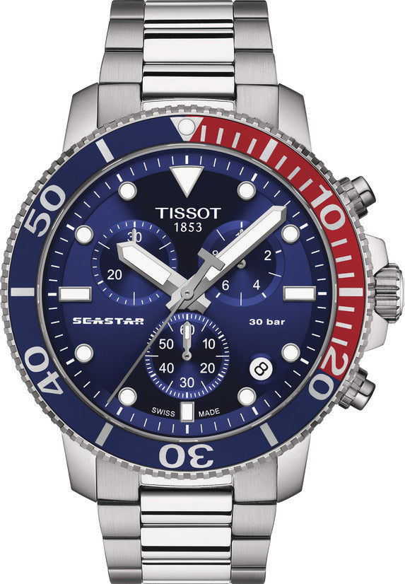 Mens Steel Tissot Chronograph Seastar 1000 Watch on Bracelet