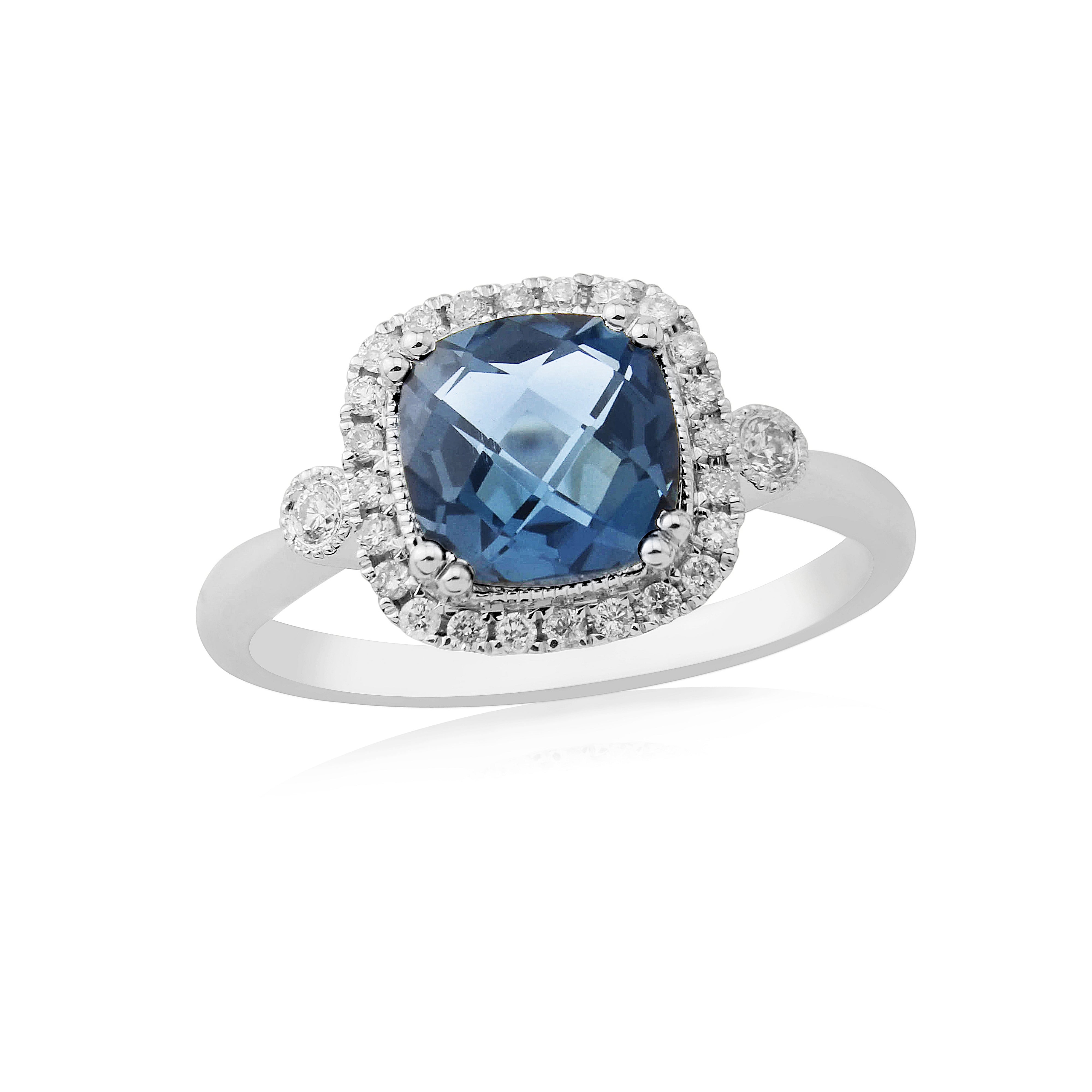 9ct White Gold London Blue Topaz &amp; Diamond Cluster Ring