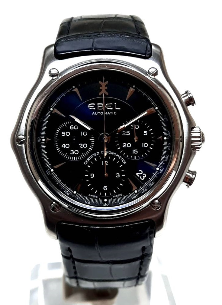 Mens Steel Ebel Automatic Chronograph Watch on Leather Strap