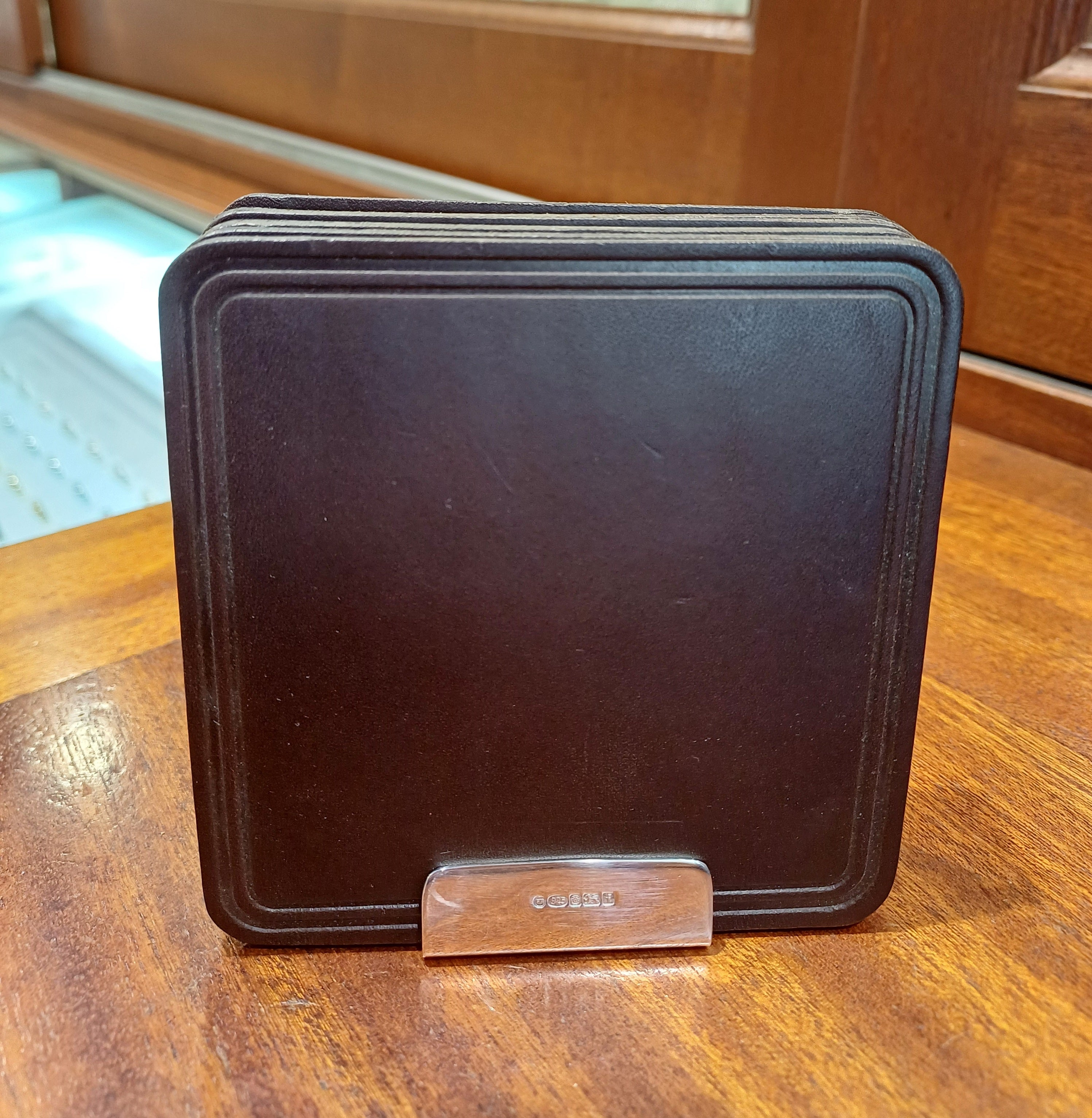 Pre Owned Set Of 6 Leather Coasters with a Sterling Silver Stand