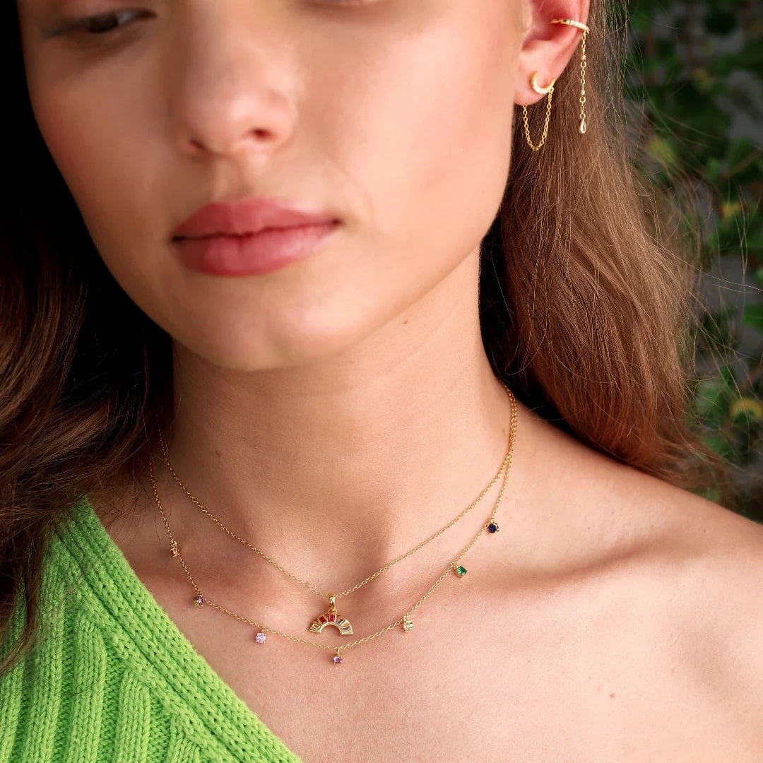 Yellow Gold On Silver Rainbow Multi Gemstone Necklace
