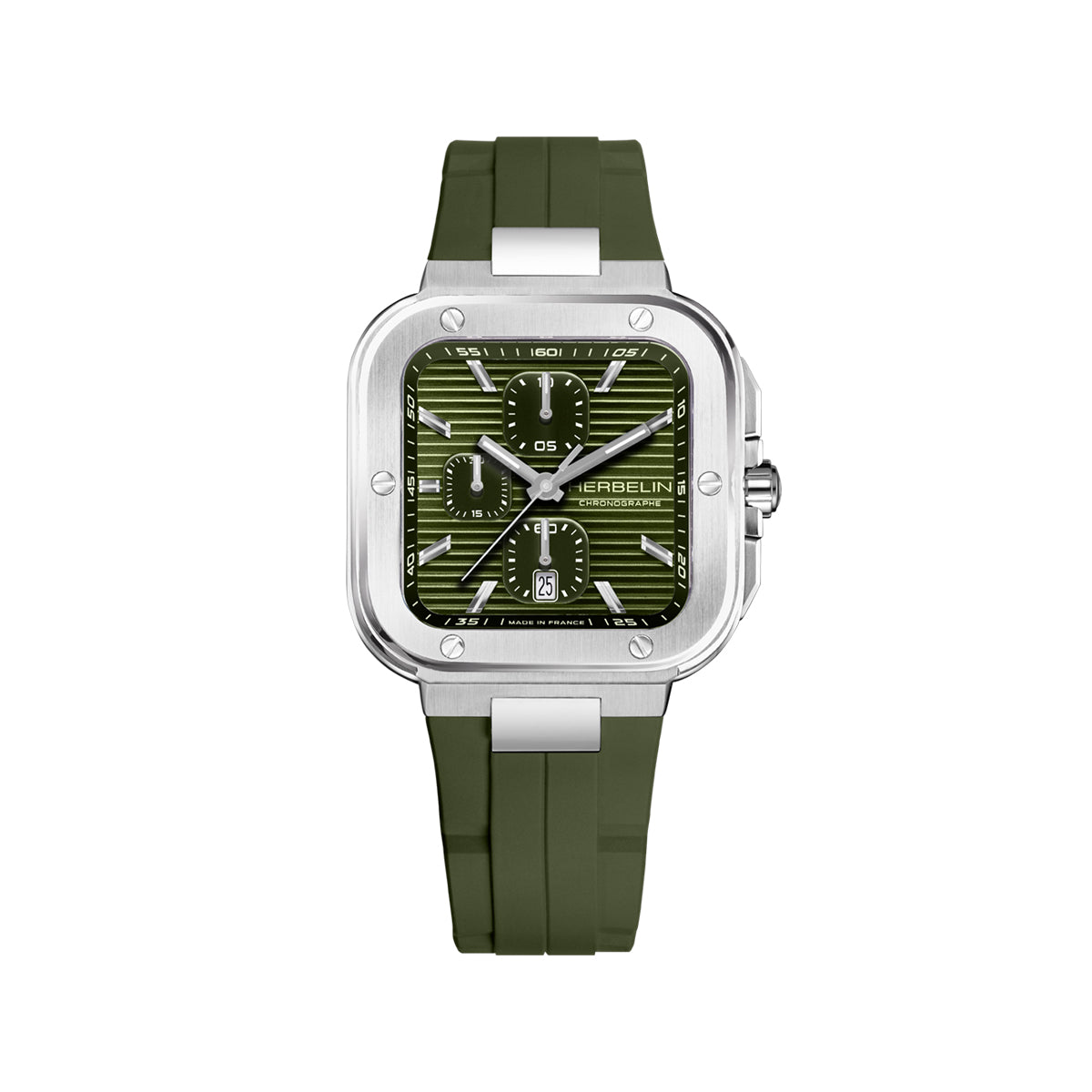 Gents Steel Green Cap Camarat Square Herbelin Chronograph Watch on Rubber Strap