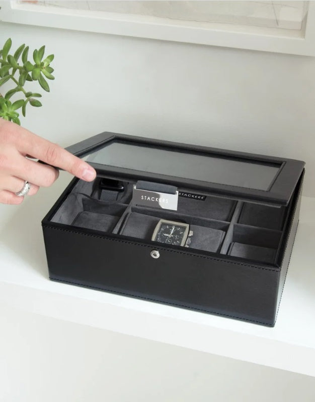 Black 8 Piece Glass Top Watch Box