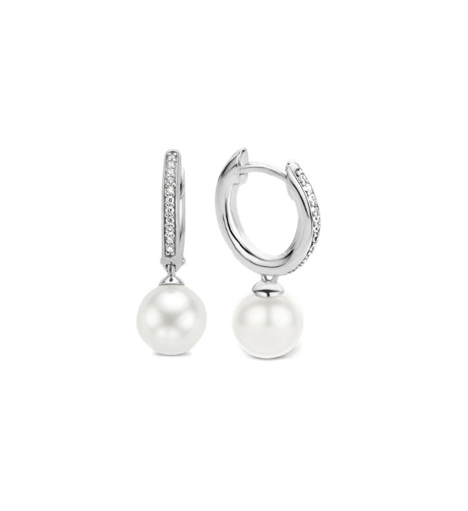 Sterling Silver Ti Sento Zirconia Pearl Hoop Earrings