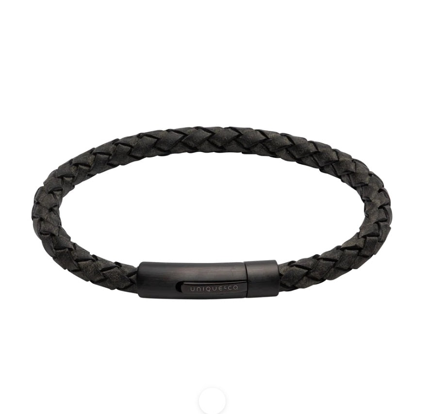 Mens Unique &amp; Co Antique Black Leather Bracelet