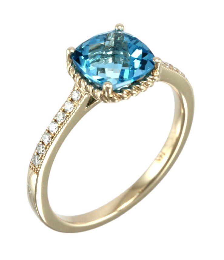 9ct Yellow Gold Swiss Blue Topaz &amp; Diamond Ring