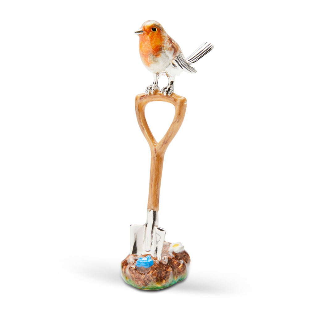 Silver and Enamel Robin on a Spade