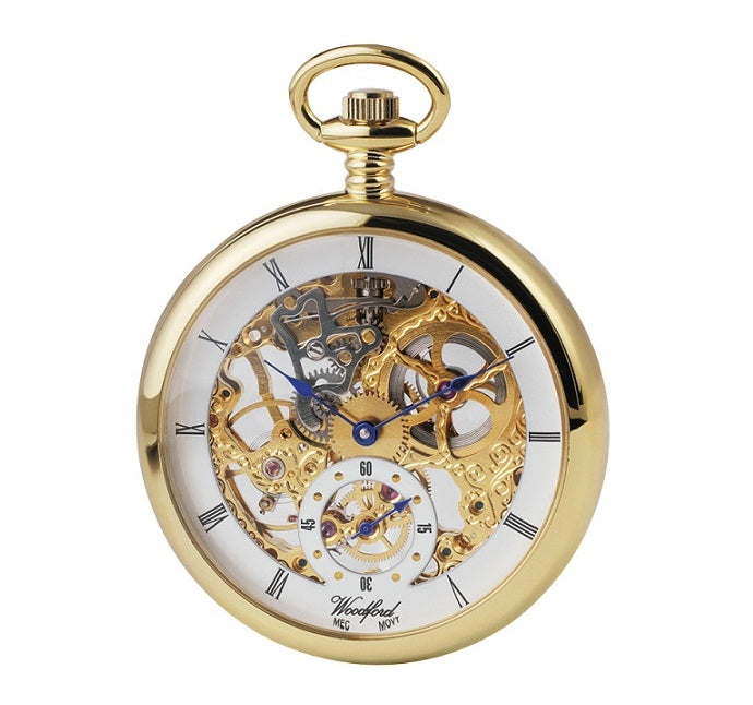 Open Face Mechanical Woodford Skeleton Pocket Watch with Chain