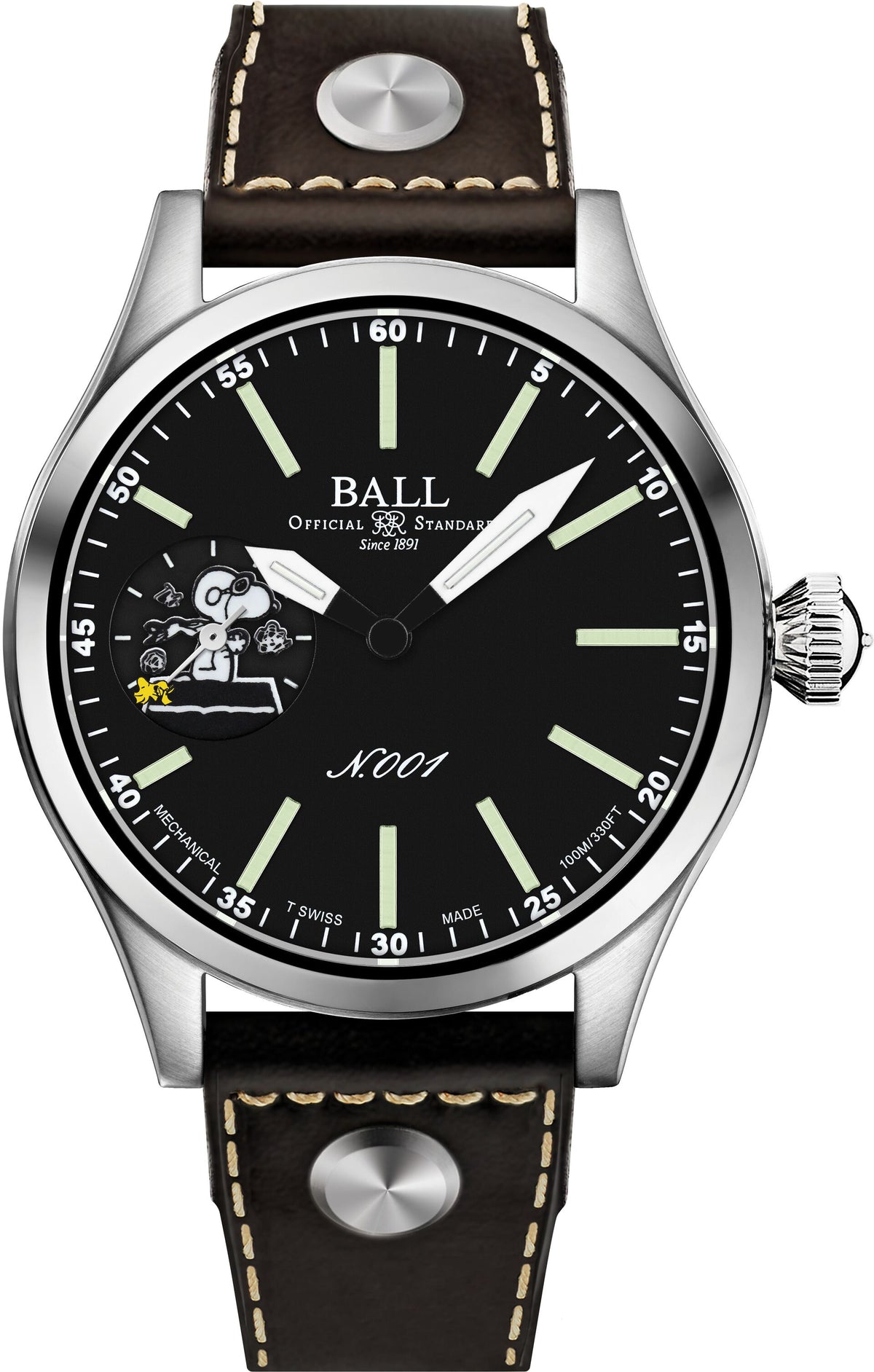 Mens Steel Limited Edition Engineer Master II Snoopy Flying Ace Ball Watch on Leather Strap
