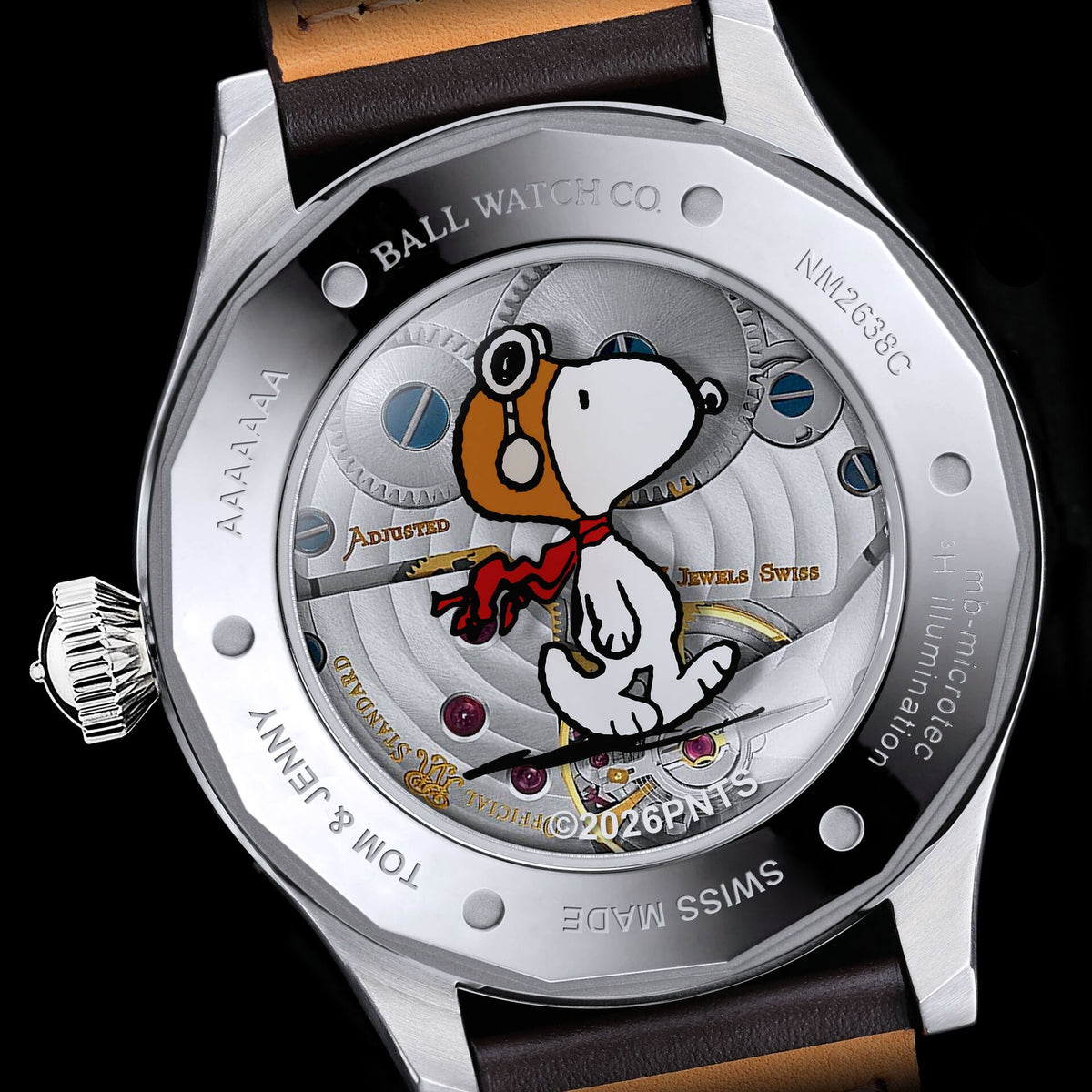 Mens Steel Limited Edition Engineer Master II Snoopy Flying Ace Ball Watch on Leather Strap