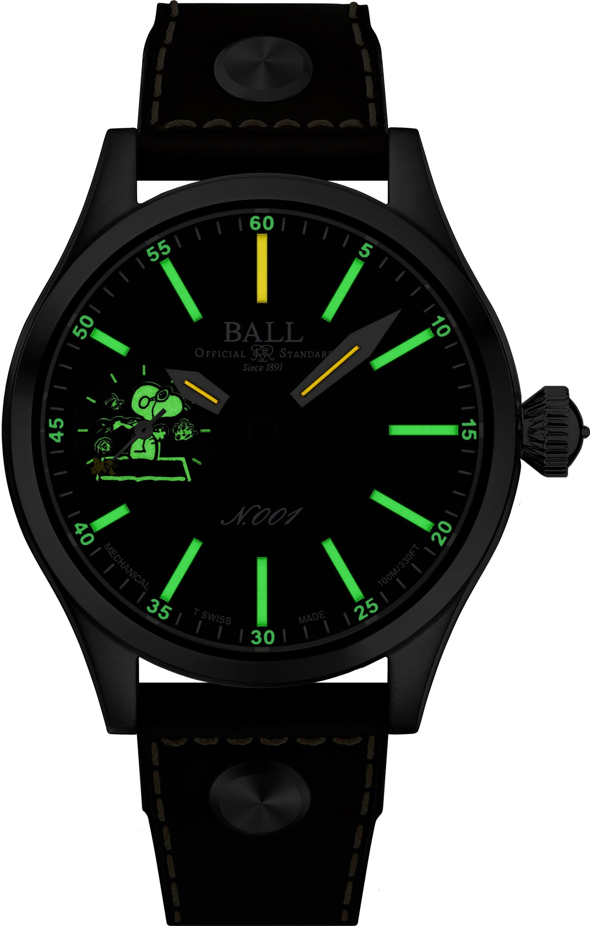 Mens Steel Limited Edition Engineer Master II Snoopy Flying Ace Ball Watch on Leather Strap