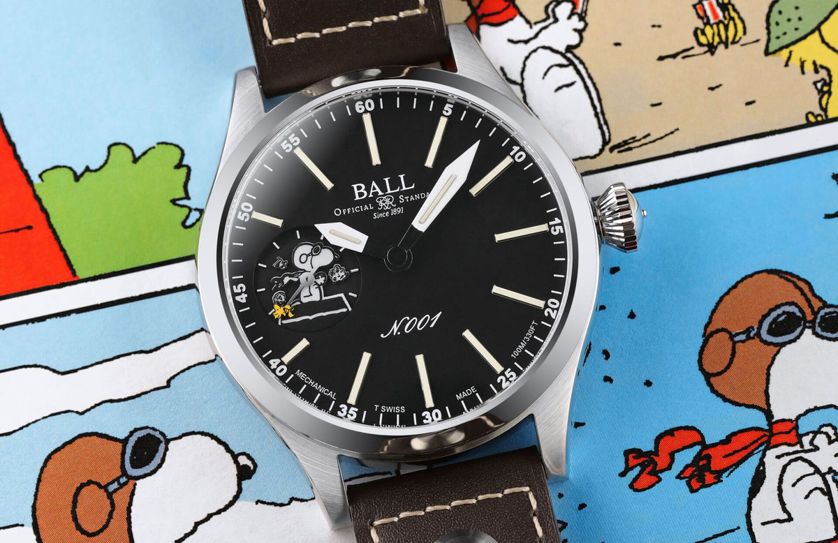 Mens Steel Limited Edition Engineer Master II Snoopy Flying Ace Ball Watch on Leather Strap