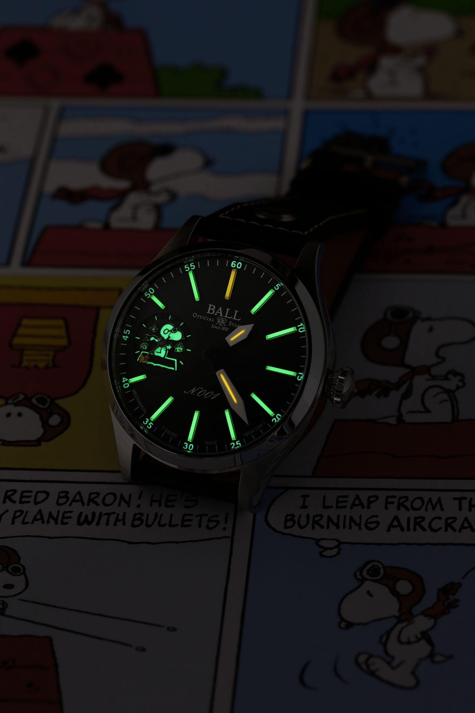 Mens Steel Limited Edition Engineer Master II Snoopy Flying Ace Ball Watch on Leather Strap