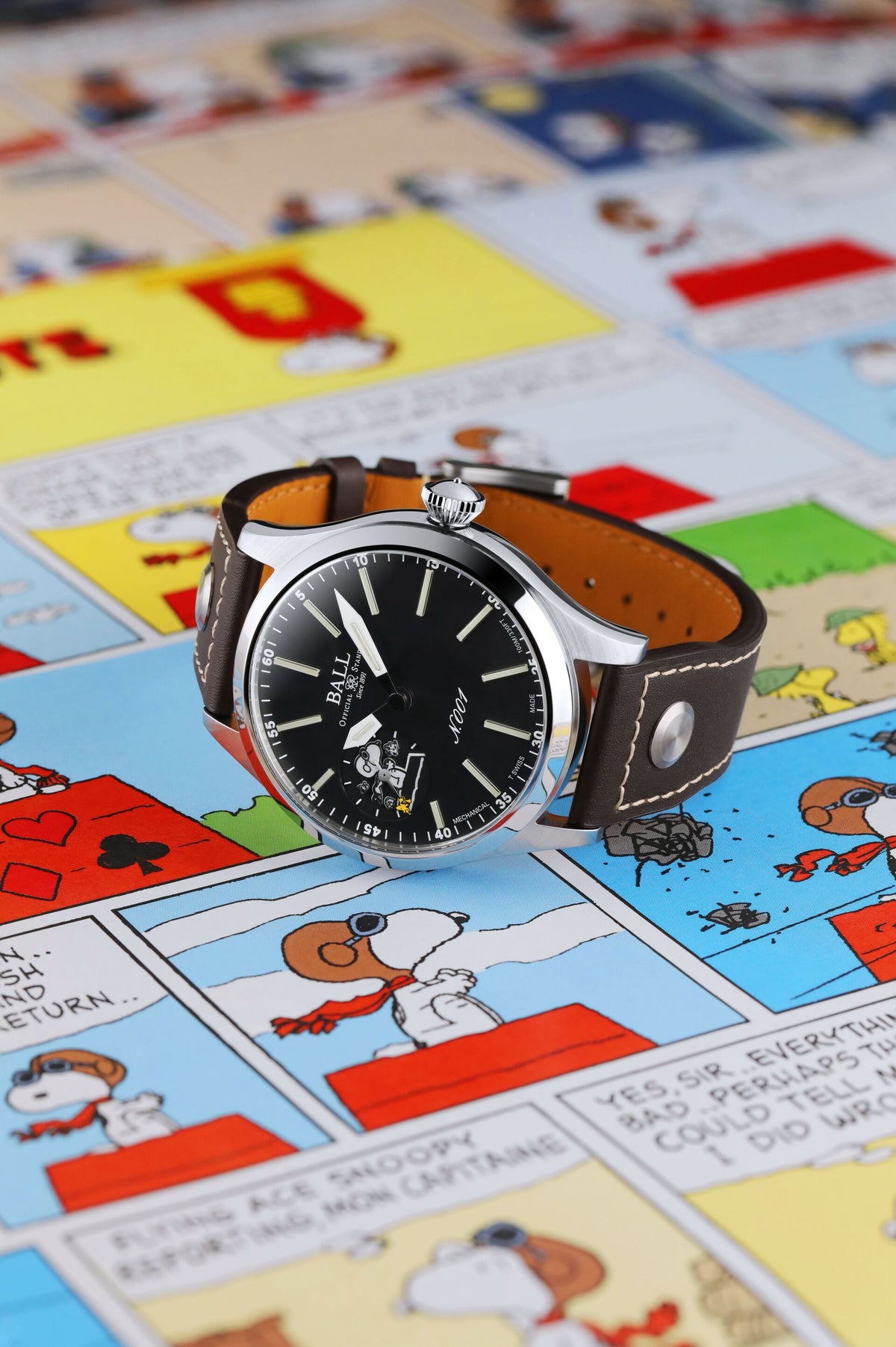 Mens Steel Limited Edition Engineer Master II Snoopy Flying Ace Ball Watch on Leather Strap