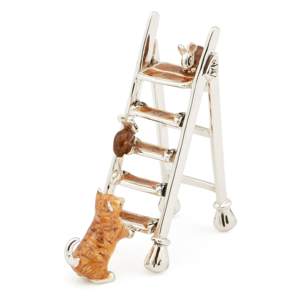 Silver and Enamel Ginger Cat and Mice on a Ladder