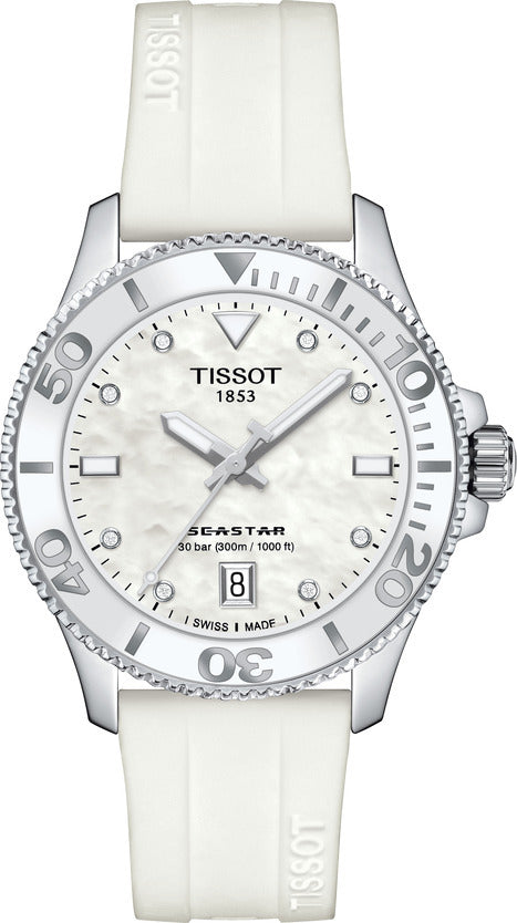 Mid Size Steel Tissot Diamond Set Seastar 1000 Watch on Rubber Strap