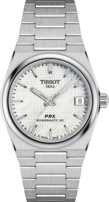 Mid Size Steel Tissot Mother of Pearl PRX 35mm Powermatic 80 Watch on Bracelet