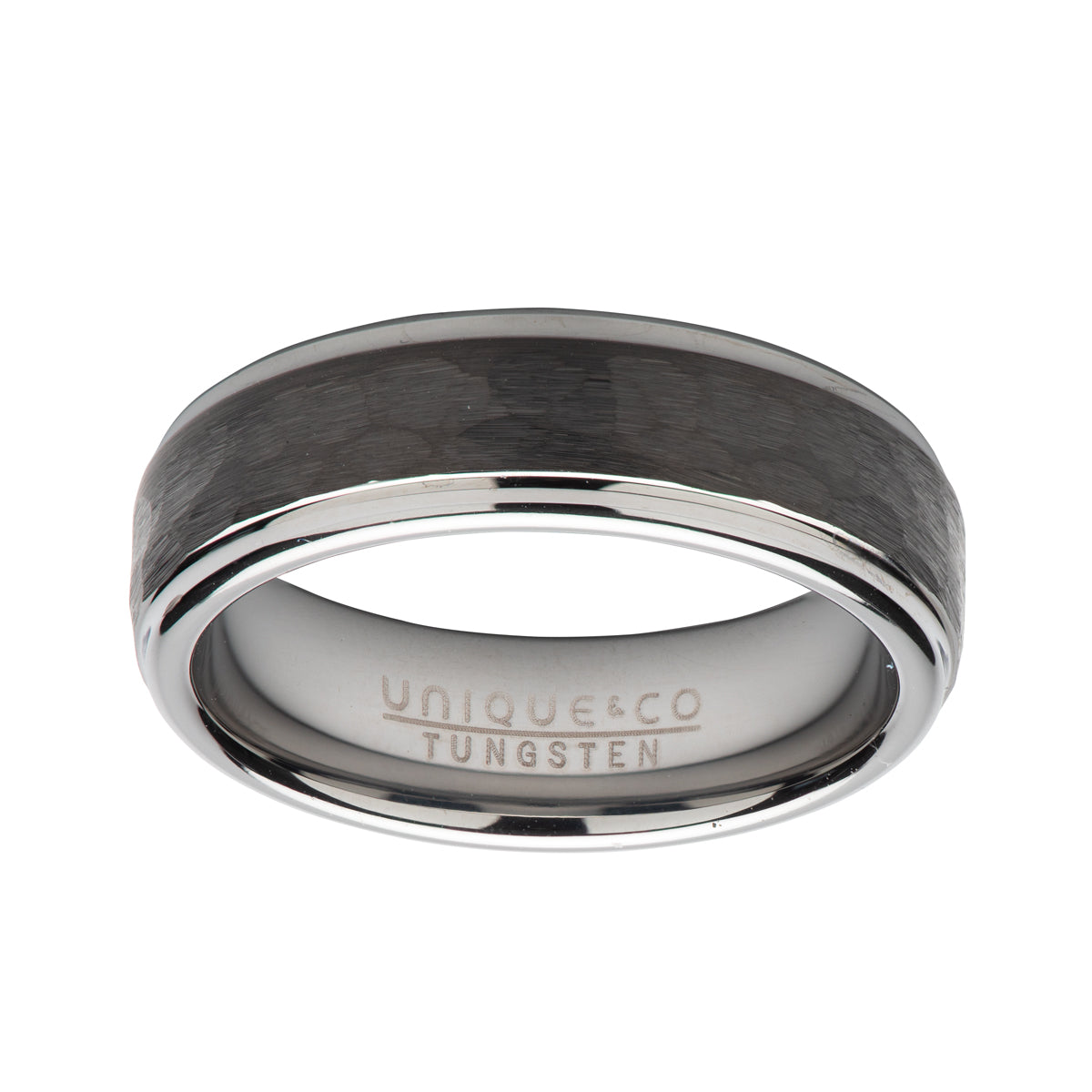 Mens Unique &amp; Co Tungsten Carbide Hammered Ring