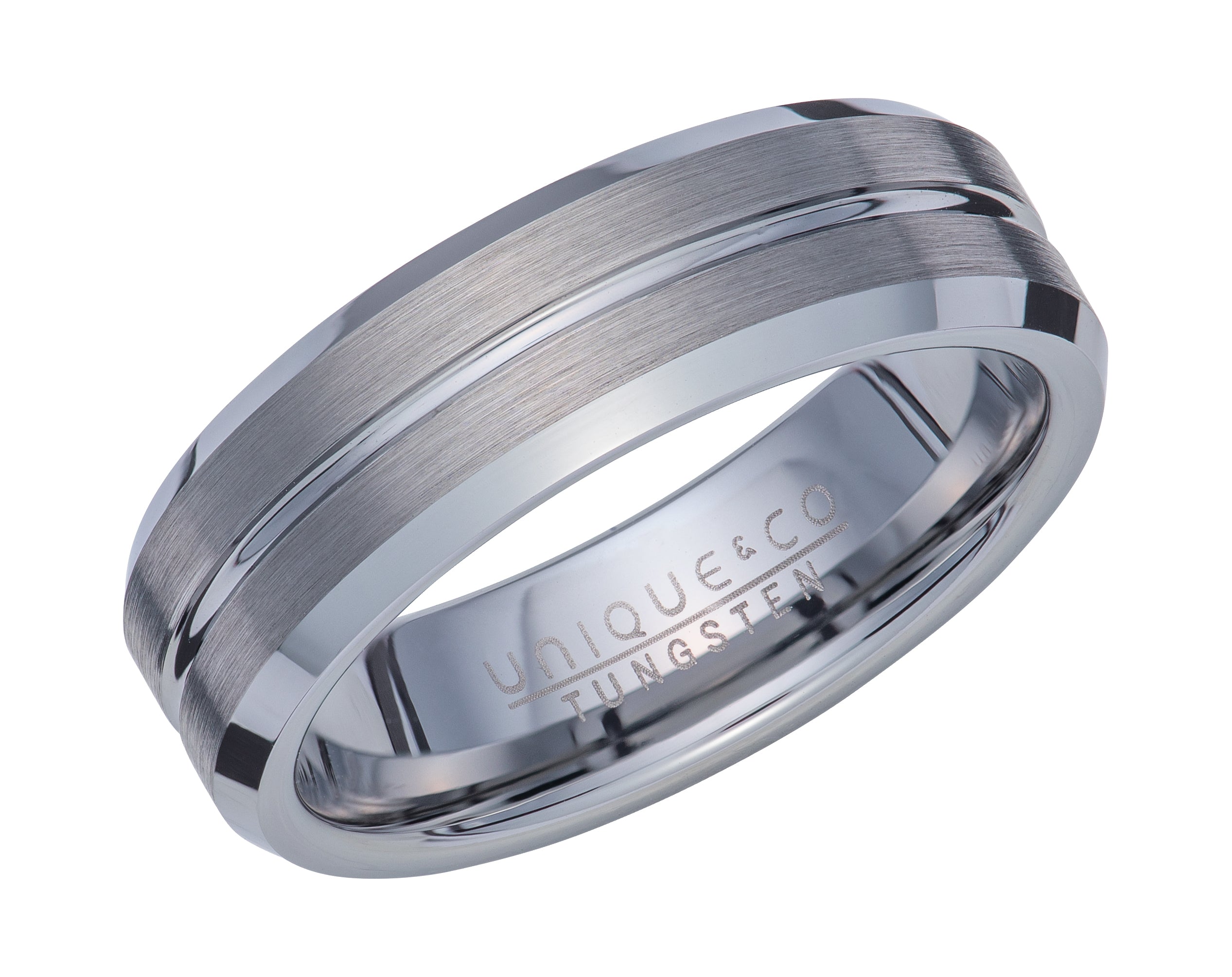 Mens Unique &amp; Co Tungsten Carbide Line Engraved Ring