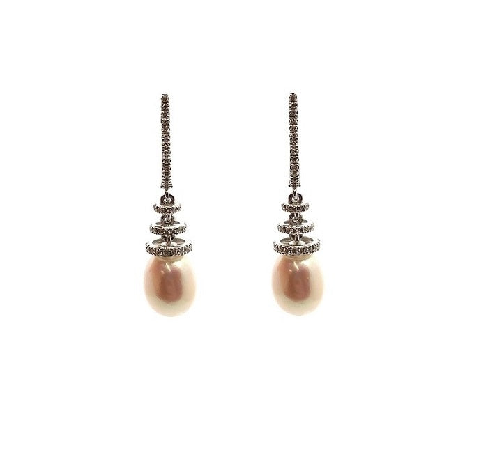 18ct White Gold Pearl &amp; Diamond Drop Earrings