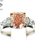 Platinum 2.38ct Lab Grown Pink Cushion Diamond 3 Stone Ring