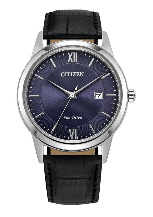 Mens Steel Date Citizen Eco Drive Watch on Leather Strap