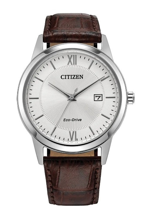 Mens Steel Citizen Eco Drive Date Watch on Leather Strap