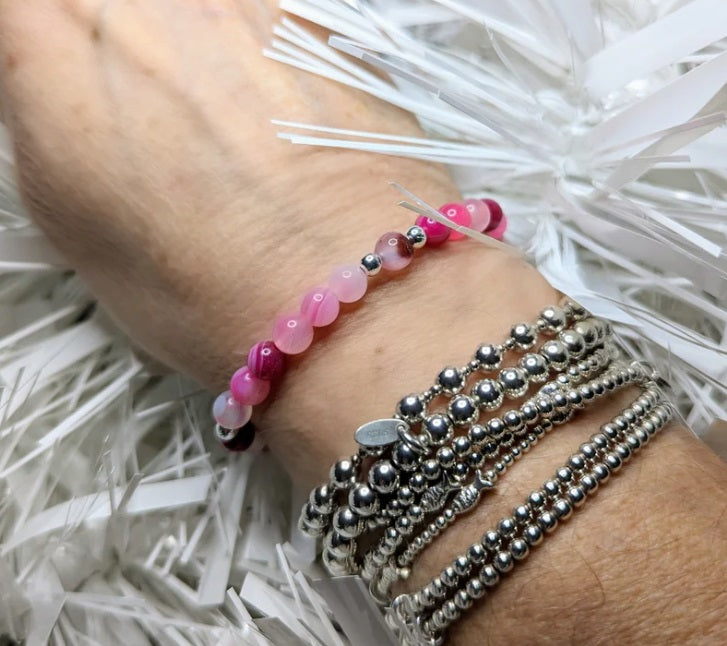 Sterling Silver &amp; Hot Pink Agate Dollie Jewellery Stacking Bracelet