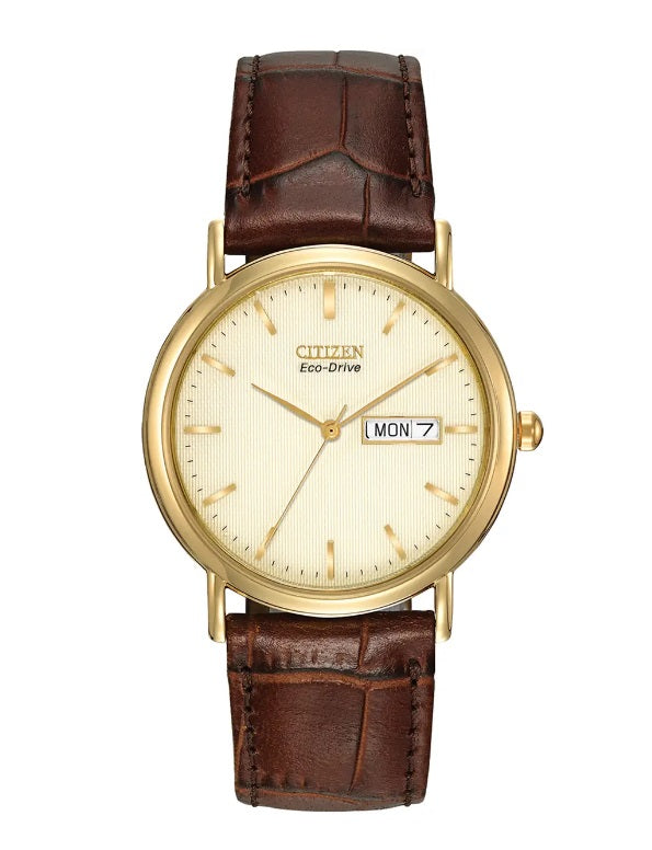 Mens Gold Tone Citizen Eco Drive Day &amp; Date Watch on Leather Strap