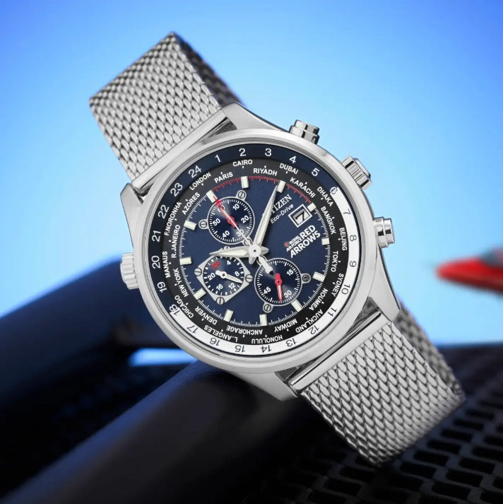 Mens Steel Citizen Eco Drive Red Arrows Chronograph Watch on Bracelet