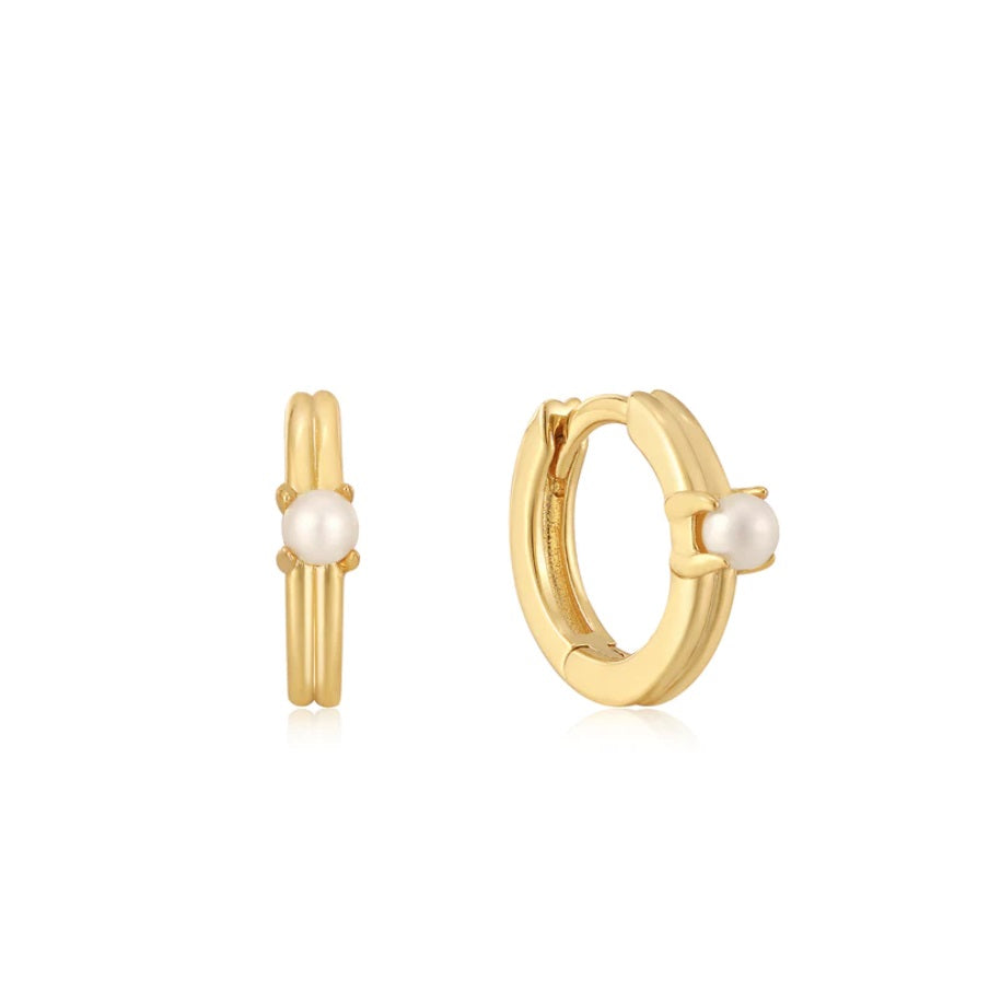 Gold Vermeil Pearl Cabochon Huggie Hoop Earrings