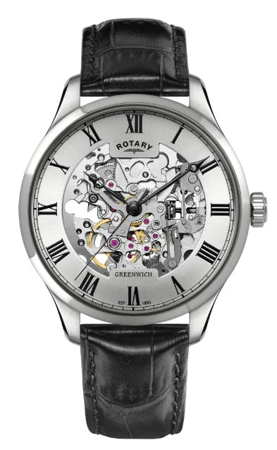 Gents Steel Rotary Skeleton Automatic Watch on Leather Strap