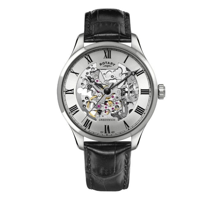 Gents Steel Rotary Skeleton Automatic Watch on Leather Strap