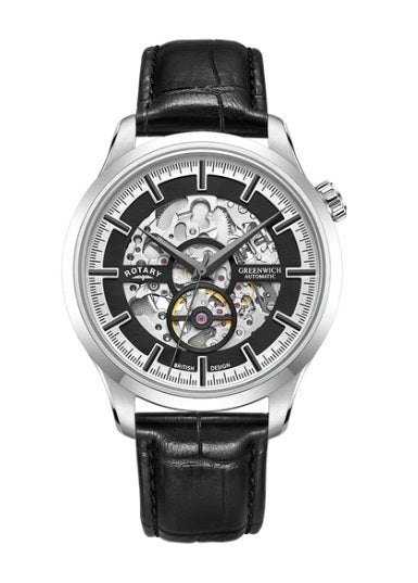 Mens Steel Rotary Greenwich Skeleton Watch on Leather Strap