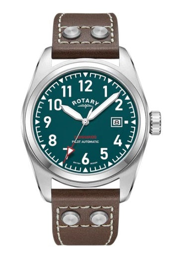 Mens Steel Rotary Commando Pilot Watch on Leather Strap