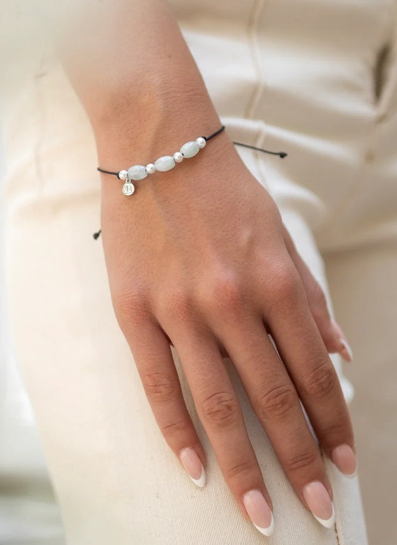 Sterling Silver Claudia Bradby Pearl and Jade friendship bracelet With adjustable cord
