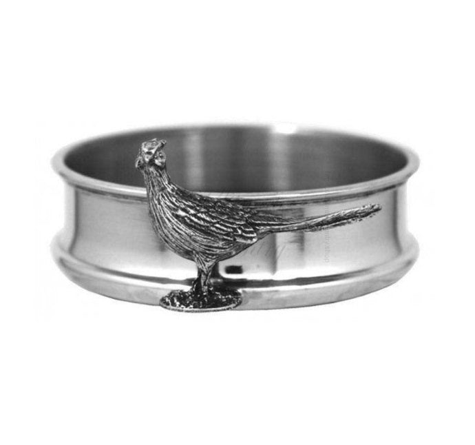 Pewter Wine Bottle Coaster with Pheasant Adornment