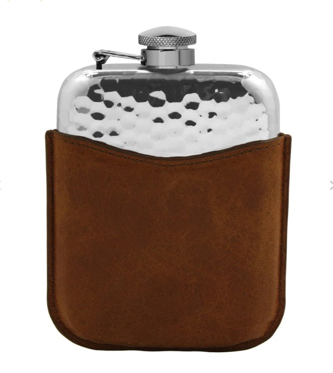 6oz Hammered Design Pewter Hip Flask with Leather Pouch