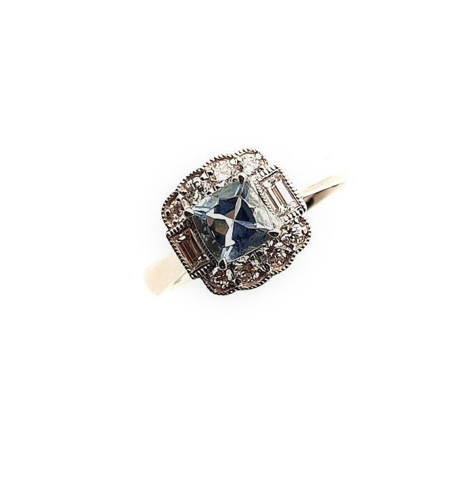 Platinum Vintage Style Aquamarine &amp; Diamond Cluster Ring