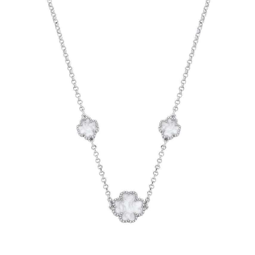 Sterling Silver White Enamel Four Leaf Clover Necklace
