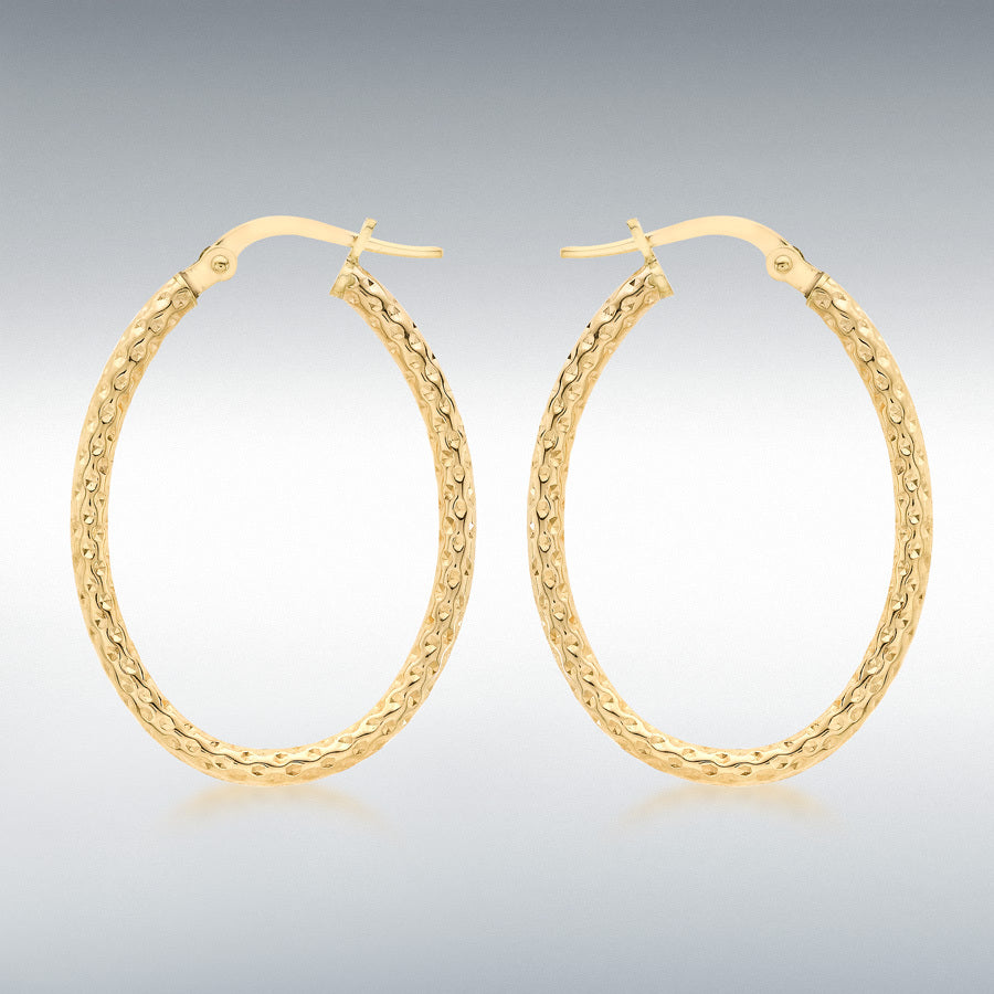 9ct Yellow Gold Diamond Cut Oval Hoop Earrings
