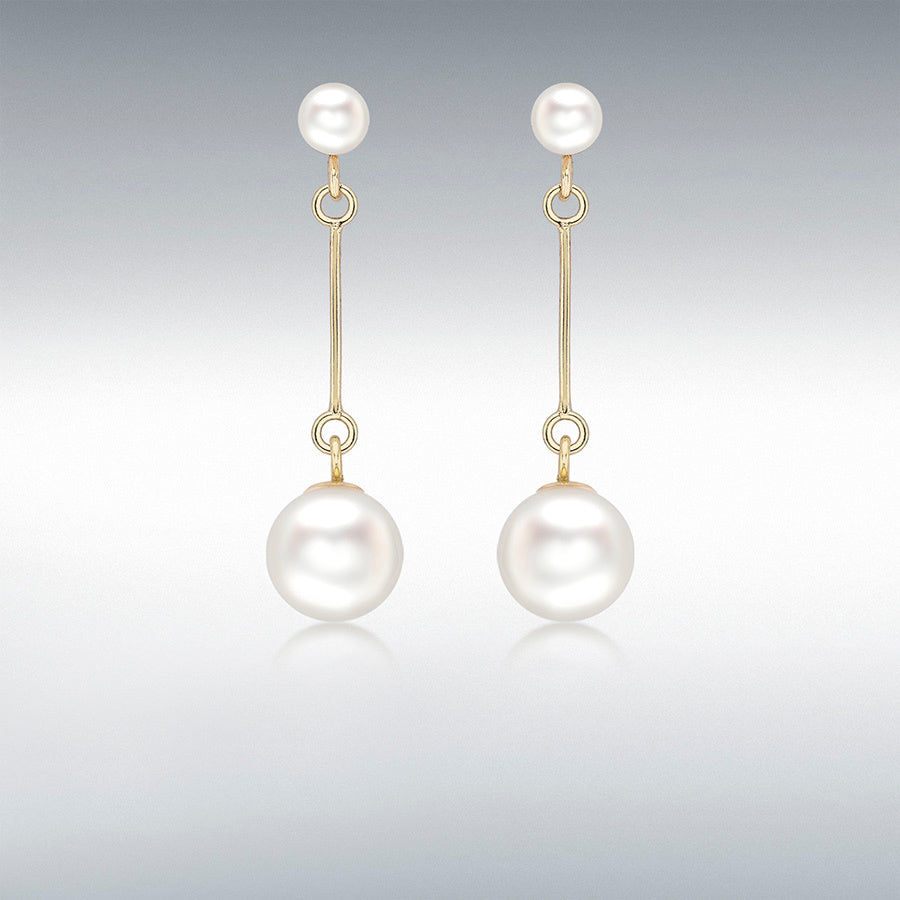 9ct Yellow Gold Bar and Pearl Drop Earrings
