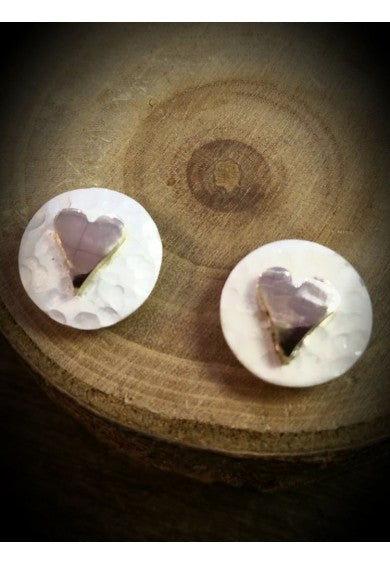 Silver Yulan Planished Hearts Stud Earrings