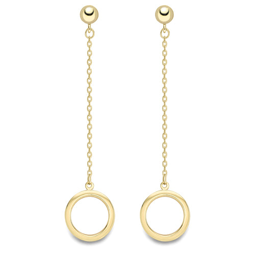 9ct Yellow Gold Round Long Drop Earrings