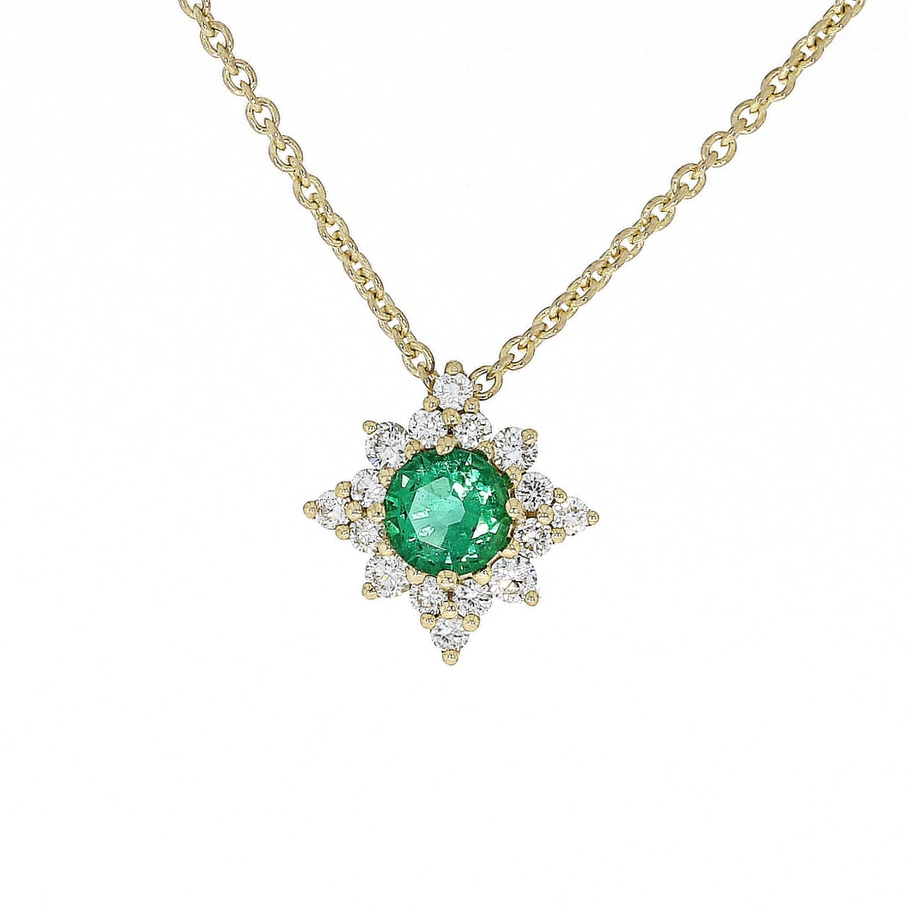 18ct Yellow Gold Emerald &amp; Diamond Cluster Necklace